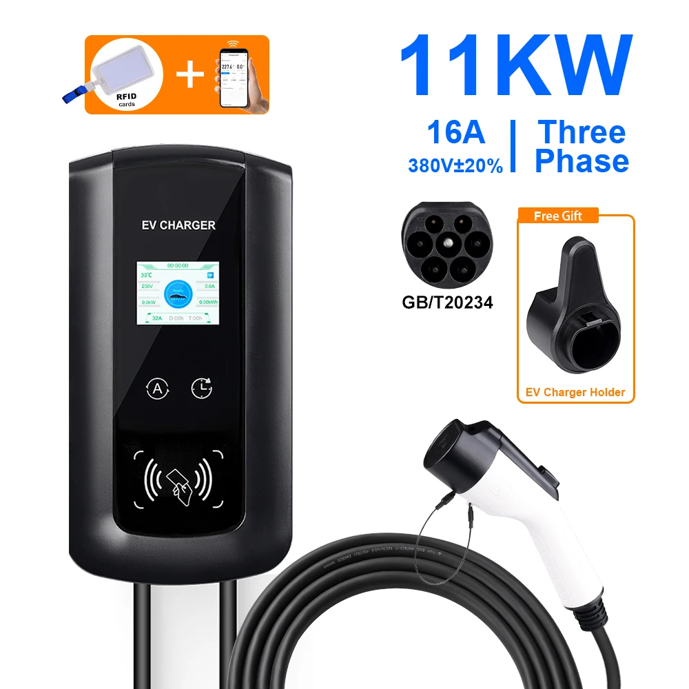 EV Charging Station Type2 GBT 7.6/22KW 32A 3Phase 11KW 16A APP Control Swipe Charging Electric Vehicle Car Charger Wallbox EVSE