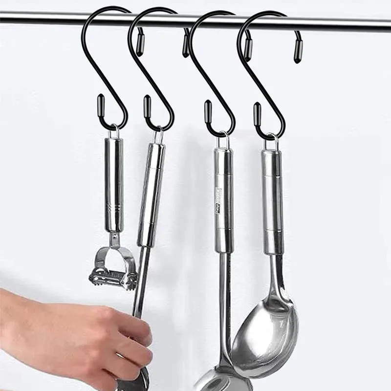 8 Pcs Black S Shape Hooks Hanger Home Bathroom Kitchen Accesories White Metal Hook Rack Hanging for Balcony Plant Shelf Tools