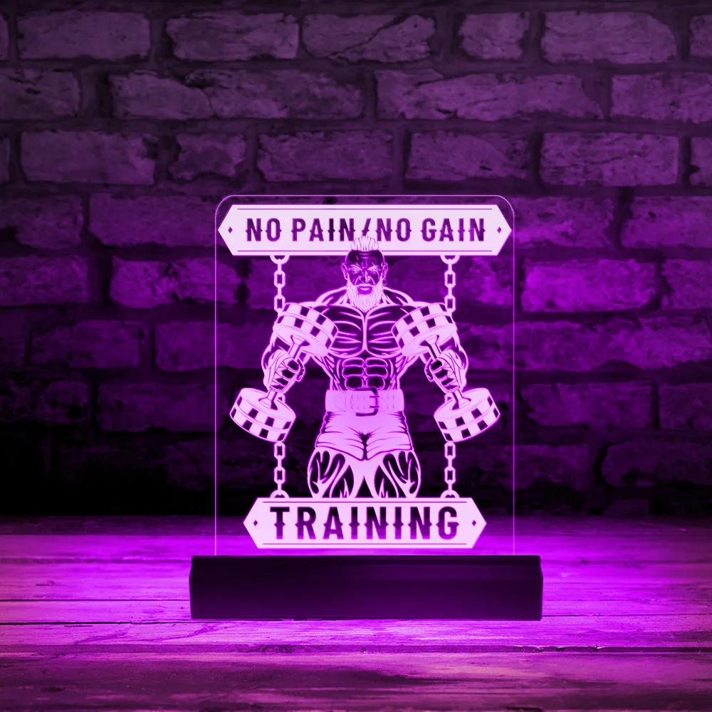 

Viking Bodybuilder With Dumbbell GYM Office Desktop Light Sign No Pain No Gain Bodybuilding Edge Lit Acrylic Board LED Neon Sign