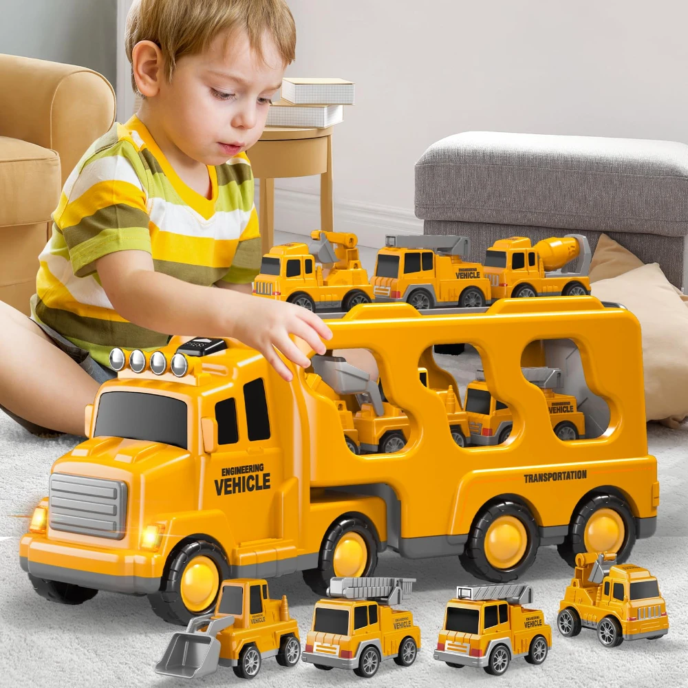 WizKidz 7 em 1 caminhões de construção carros brinquedos para crianças menino carro caminhão brinquedos com som leve presentes de aniversário para 3 + anos de idade menino