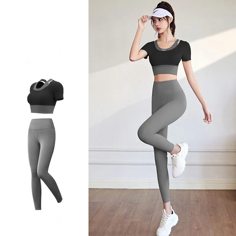 Autumn Elastic Fitness Sports 2 Piece Set Seamless Yoga Suit Women Short Sleeve Crop Top Gym Running Leggings Workout Sportswear