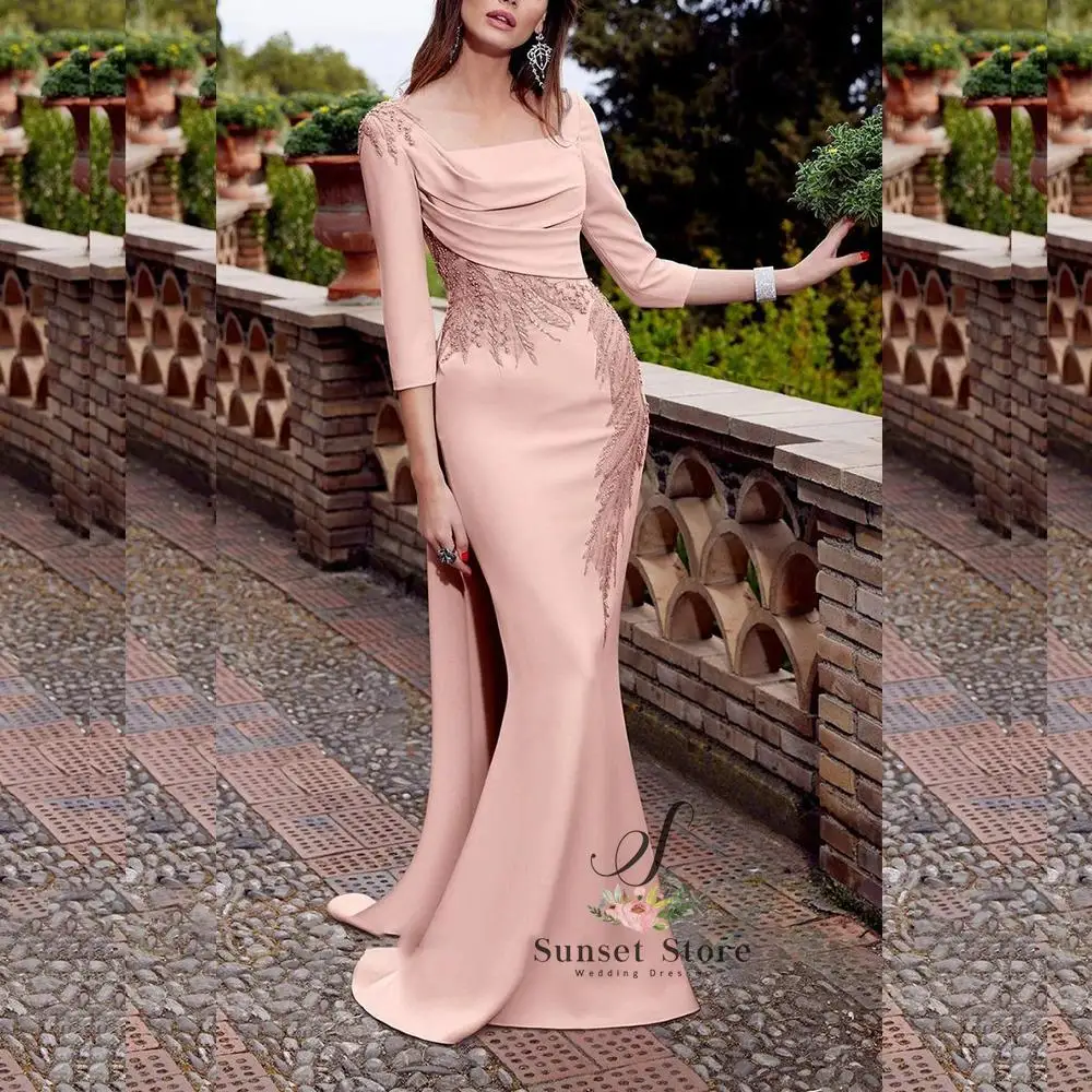 Customized Blue Pink Evening Dresses Appliques Sequined Square Collar Mermaid Long Sleeve Sweep Train Prom Party Gowns Luxury Dr
