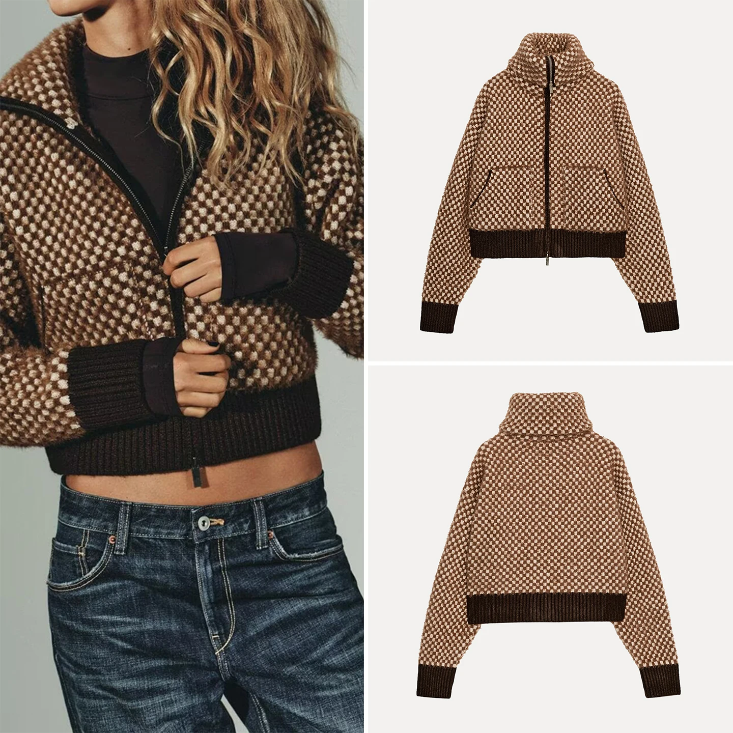 

Fall 2025 New Women's Faux Fur Patchwork Knitted Pilot Jaet Outerwear European Sle Stand Fit Other Material Long Sve