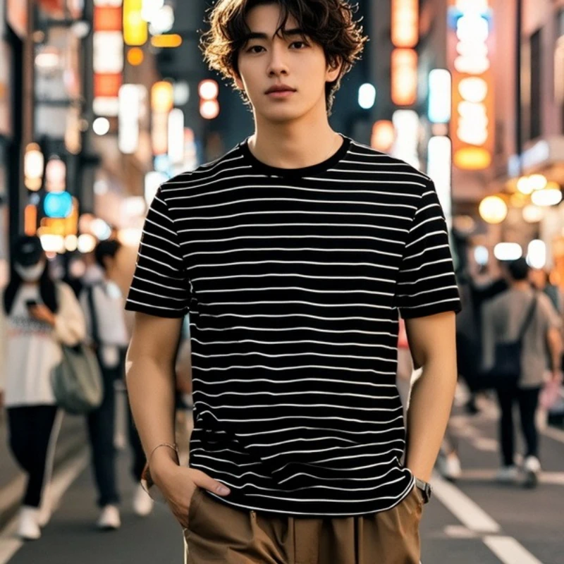 

Spring Summer Fashion Men's T-shirt Round Collar Stripe Shirt Short Sleeve Fitness Top Leisure Sport T-shirt Men Streetwear Tees