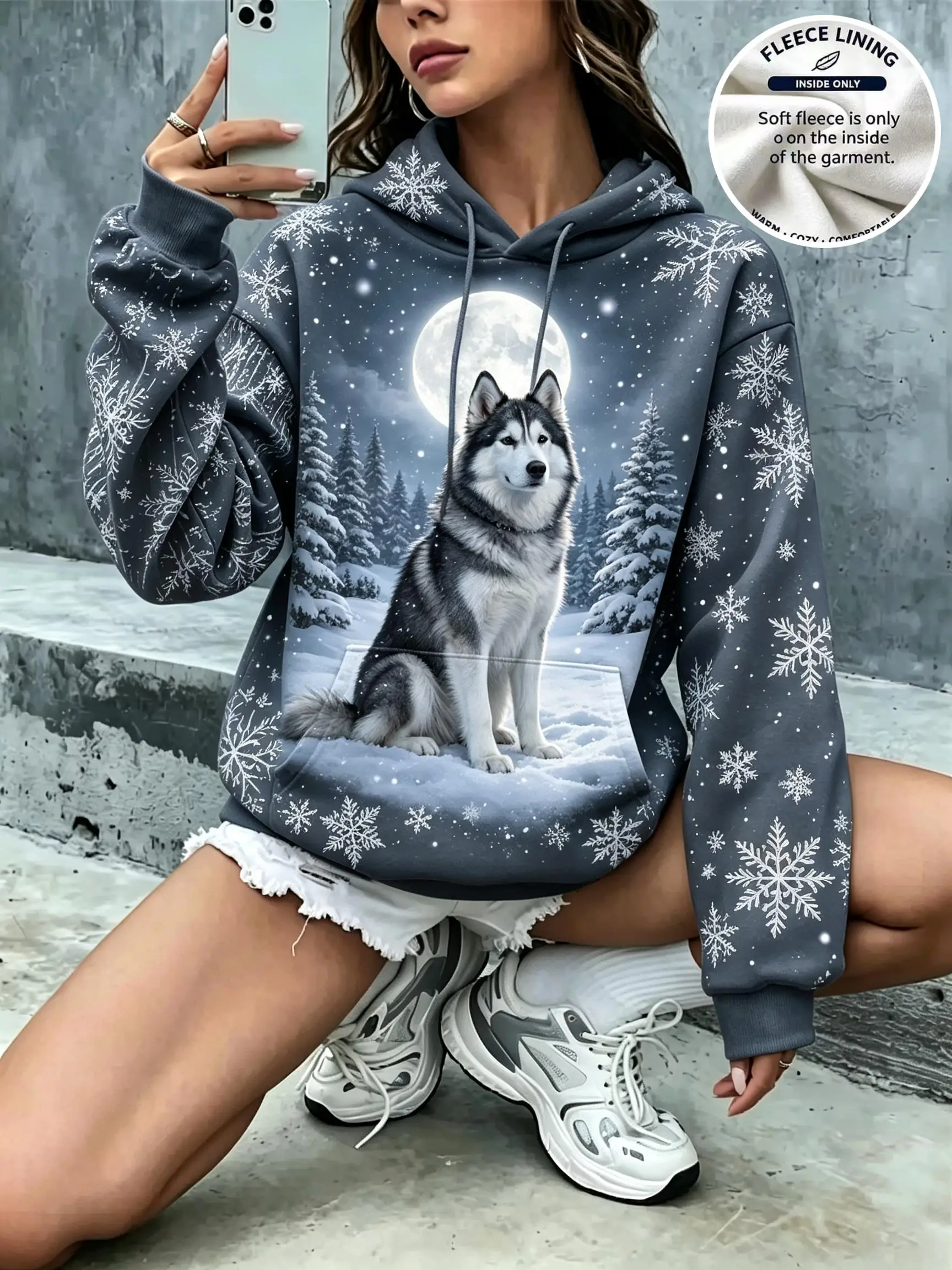 Women Christmas Wolf Full Moon Snow Pine Tree Snowflake Gray Fleece Hoodie Pocket Sweatshirt