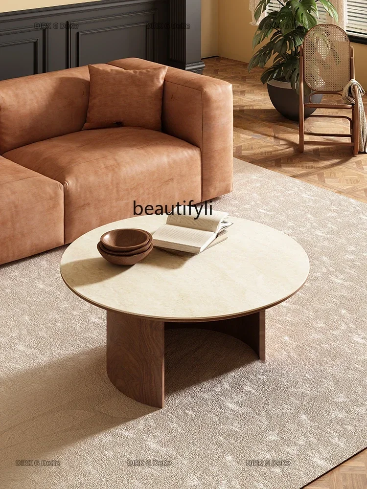 

07French Cream Style Solid Wood Tea Table Italian Walnut Color Cave Stone Stone Plate Retro Style round Tea Table