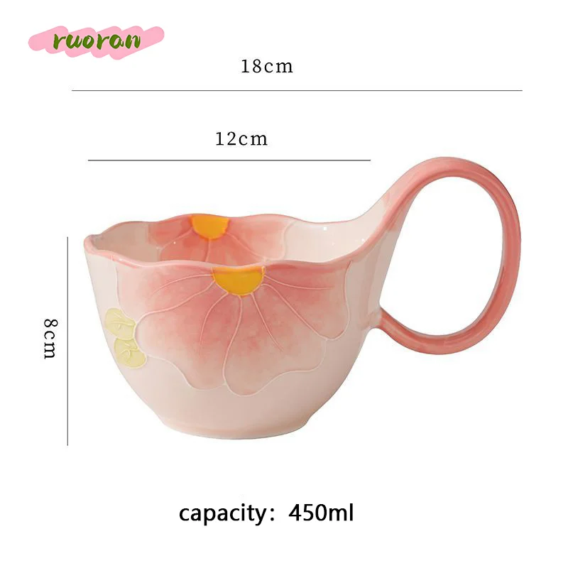 Hand Painted Relief Curved Handle Ceramic Mug Large Capacity Breakfast Cup for Women High Value Oat Milk