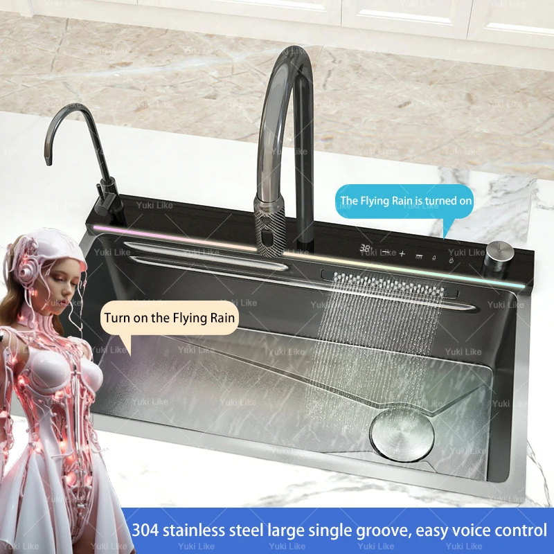 AI voice-controlled Stainless Steel Waterfall Kitchen Sink Digital Display Large Single Slot Multifunction Dishwashing Sinks