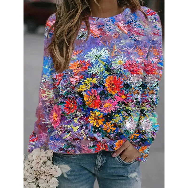 New Winter 3D Print Colorful Flowers Sweatshirts Fashion Pullovers Women Streetwear Vintage Y2k Unisex Clothing Funny Girls Tops