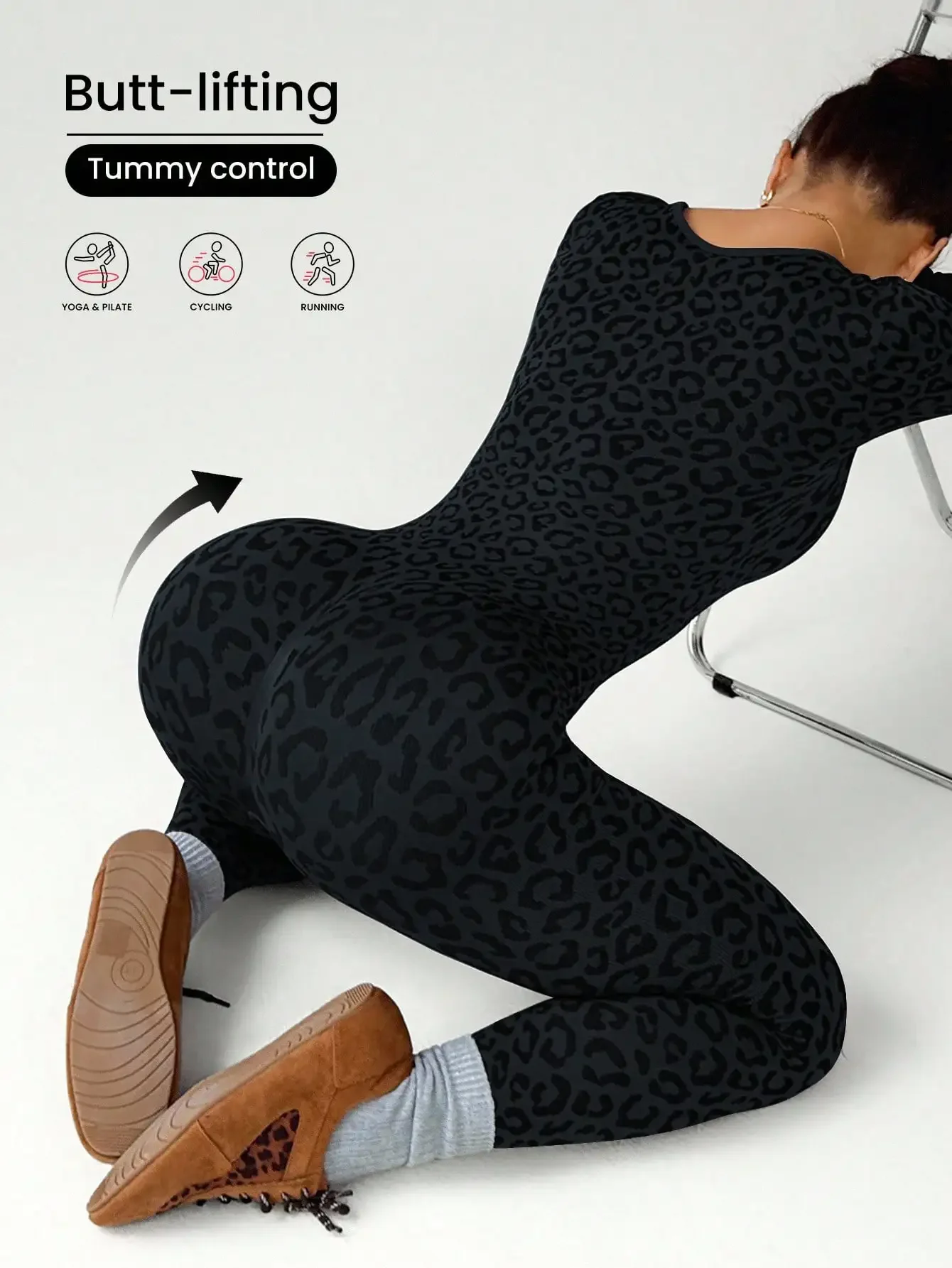 

Women Leopard Print Tight Jumpsuit Slimming Hip Hugging Long Sleeve U Collar Stretchy
