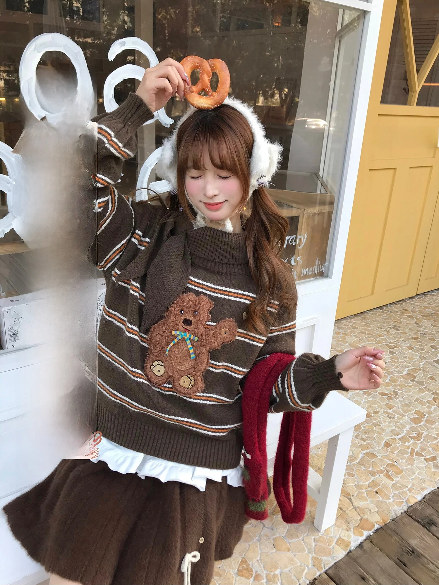 

Свитер с высоким воротником и узором в виде медведя от BibiBency Bear Aun's Sweet Design, женский осенне-зимний вязаный топ с длинными рукавами