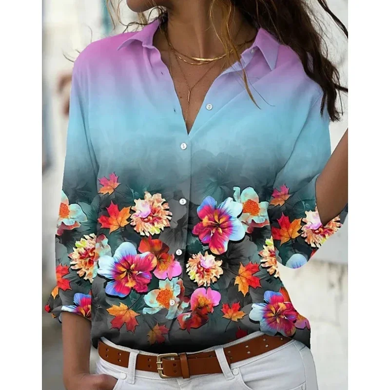 2024 New Autumn Shirts For Women Gradient Leaf Print Long Sleeve Tops Blouses  Elegant Office Ladies Single Breasted Work Shirts