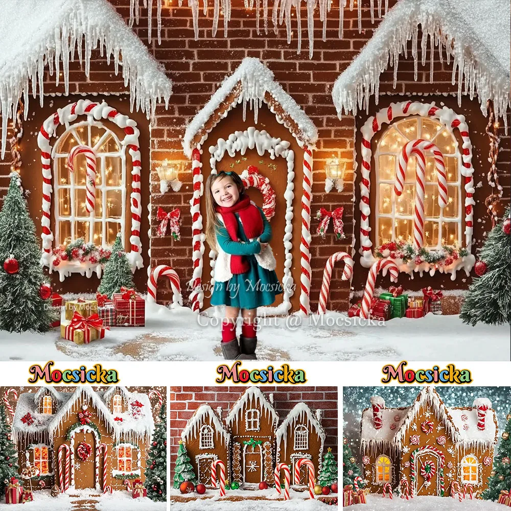 Mocsicka Christmas Gingerbread House Background Photography Frozen Snowy Candy Cane Xmas Gift Backdrop Winter Kids Outdoor Photo