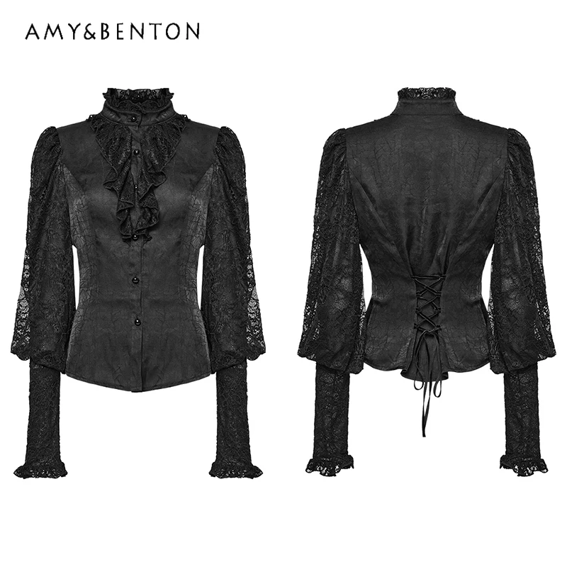 Original Goth Dark Retro Court Style Lace Gorgeous Shirt Subculture Stand-up Collar Ruffle Edge Lantern Sleeve Slim Shirt Women
