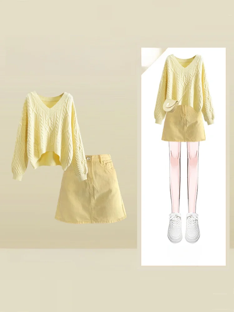 Autumnal Dopane Knitted Sweater And High Waist ort Skirt Two-Piece Set Loose V-Ne Faionable And Slimming for Women