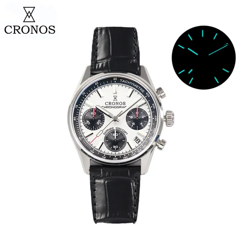 Cronos New Chronograph Quartz Men Watches Miyota 6S20 38.5mm Black&wWhite Panda Dial Sapphire Waterproof 10Bar BGW-9 L6035