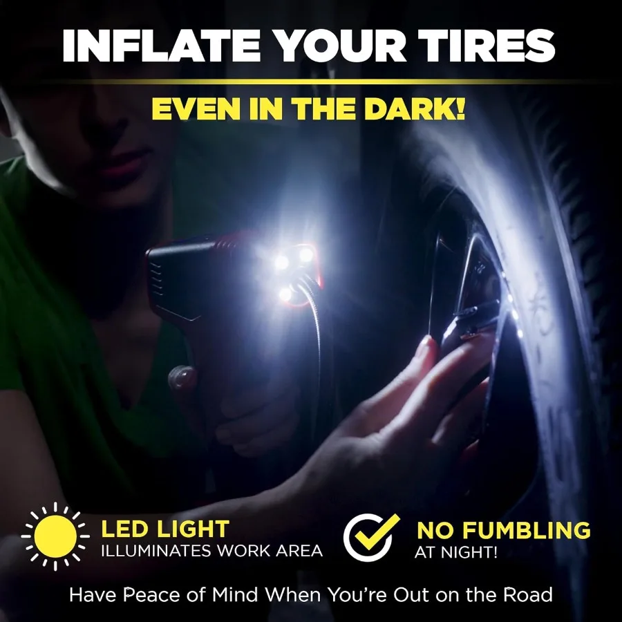 منفاخ إطارات PRO مع مقياس الضغط، إيقاف تلقائي مدمج ومحمول، 150 رطل لكل بوصة مربعة، ماكس USB منزلي قابل لإعادة الشحن وسلك لـ V