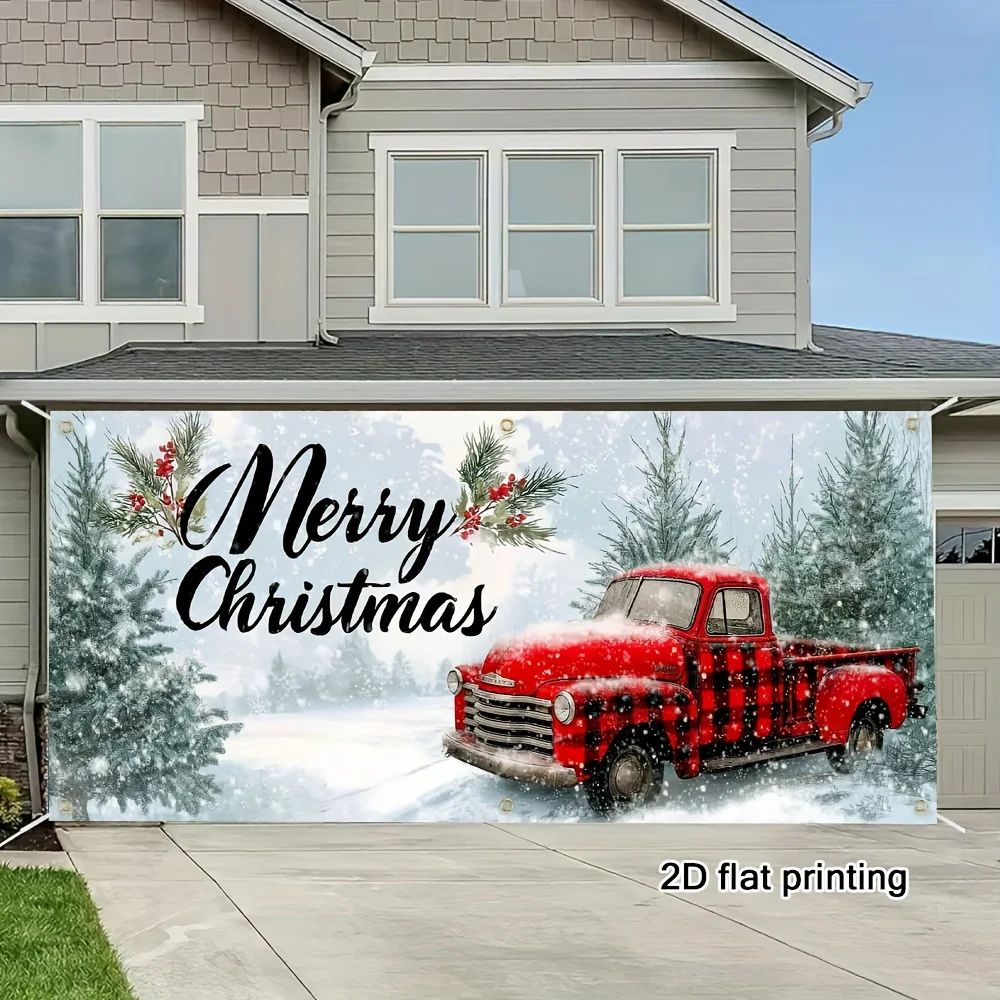 خطة ثنائية الأبعاد، علم جراج مقطورة حمراء احتفالية - شجرة الأرز وتصميم عيد الميلاد، ديكور للمستودعات والحفلات