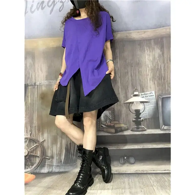 Irregular Split T Shirts Women Fashion Solid Color Art T-shirt Casual Loose Short Sleeve Oversized Tops Summer Trend Thin Tshirt