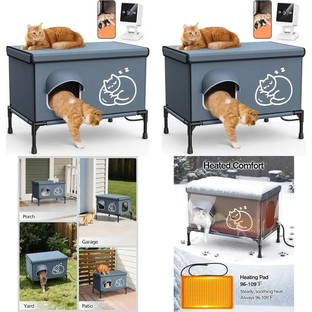 Maison extérieure isolée imperméable pour chat avec caméra, abri d'hiver pour chats errants, porte d'évasion (gris)