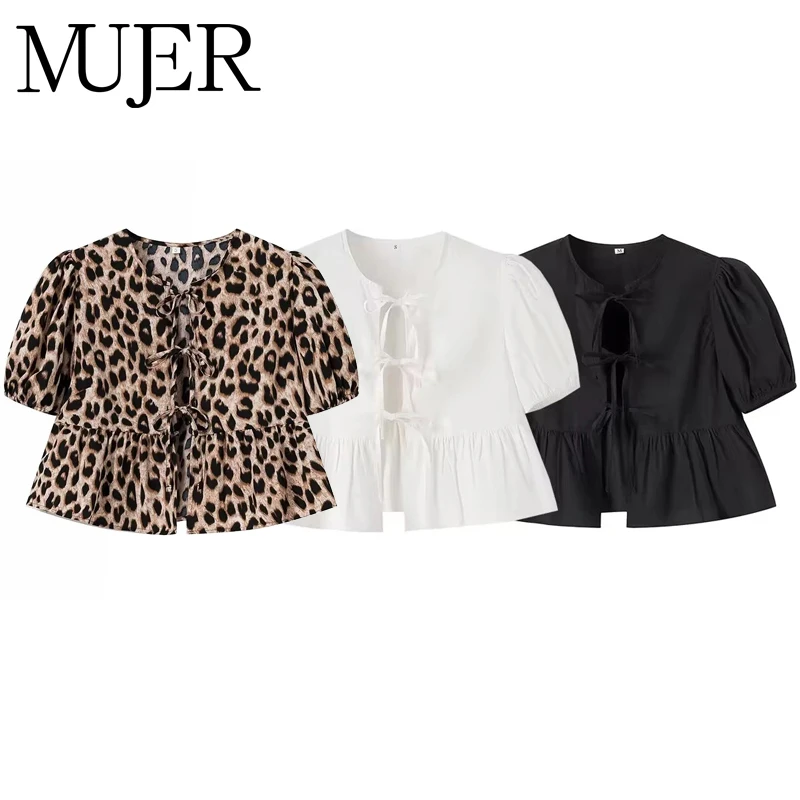 MUJER Crop Top w Leopardzi Wzór Damski Bufiaste Rękawy Falbanki Bluzki Kobieta 2025 Letnie Koszule i Bluzki Damskie Marszczone Top Damskie