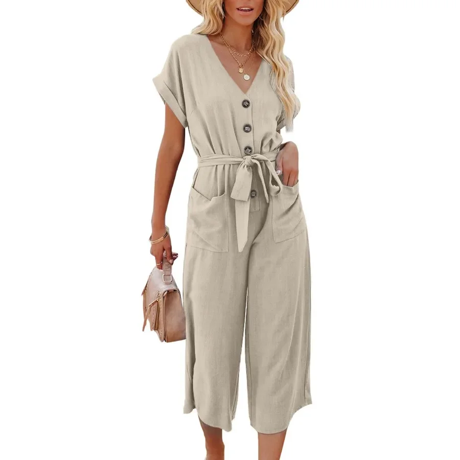 New 2025 Women's Summer Casual Jumpsuit Solid Wide Legs Bodycon Jumpsuit Simple Romper Trousers Club Wear V-neck Summer Playsuit