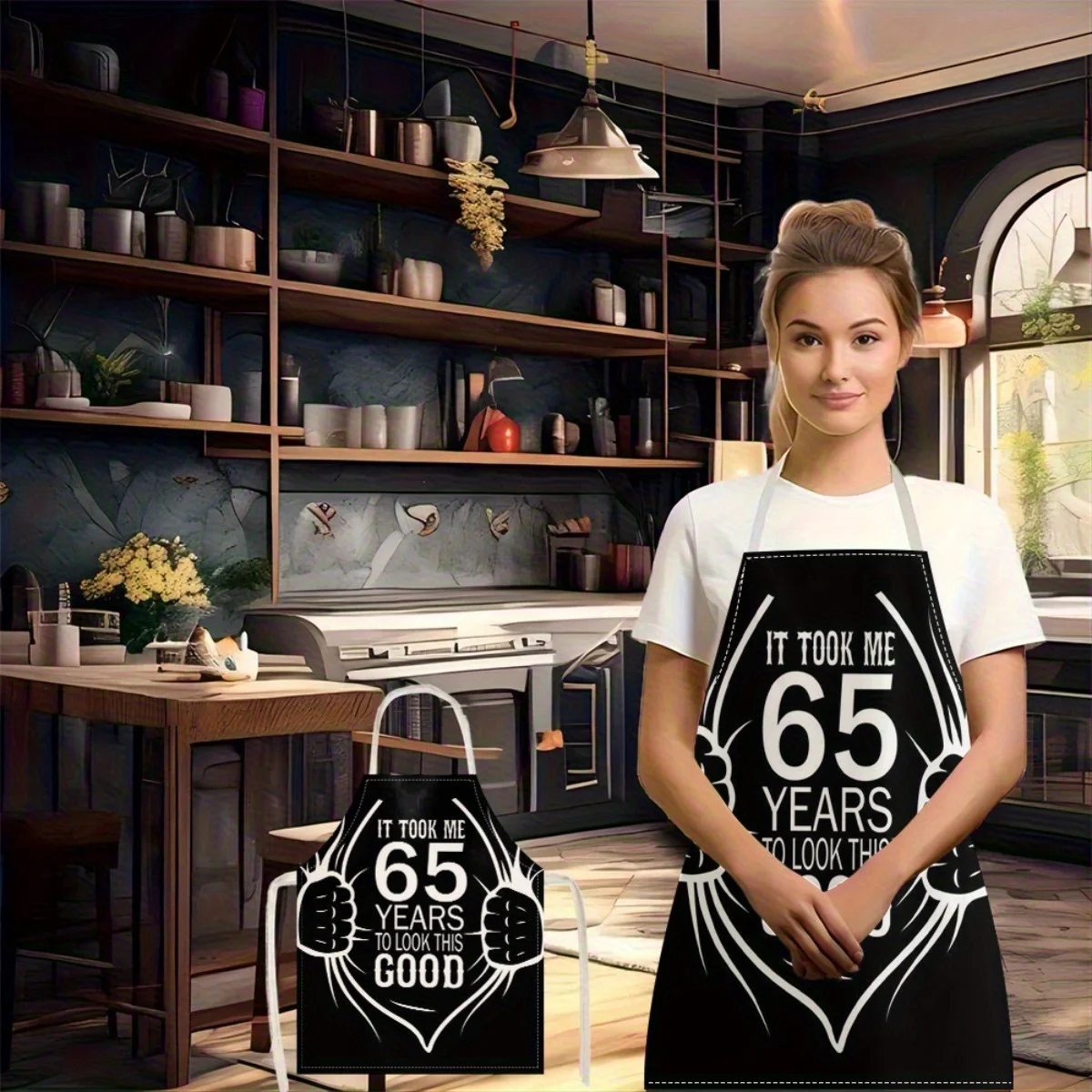 

65th Birthday Celebration Apron - Clenched Fists Graphic, "Look This Good" Text, Black & White Bib Style, Machine Washable