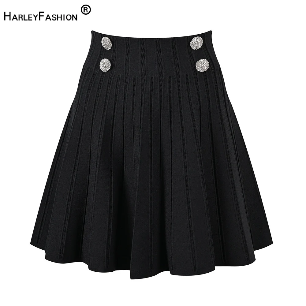 Luxury Design All-match Style Women A-line Knitting Skirt Solid Black & White Chic Lady Mini Length Saia