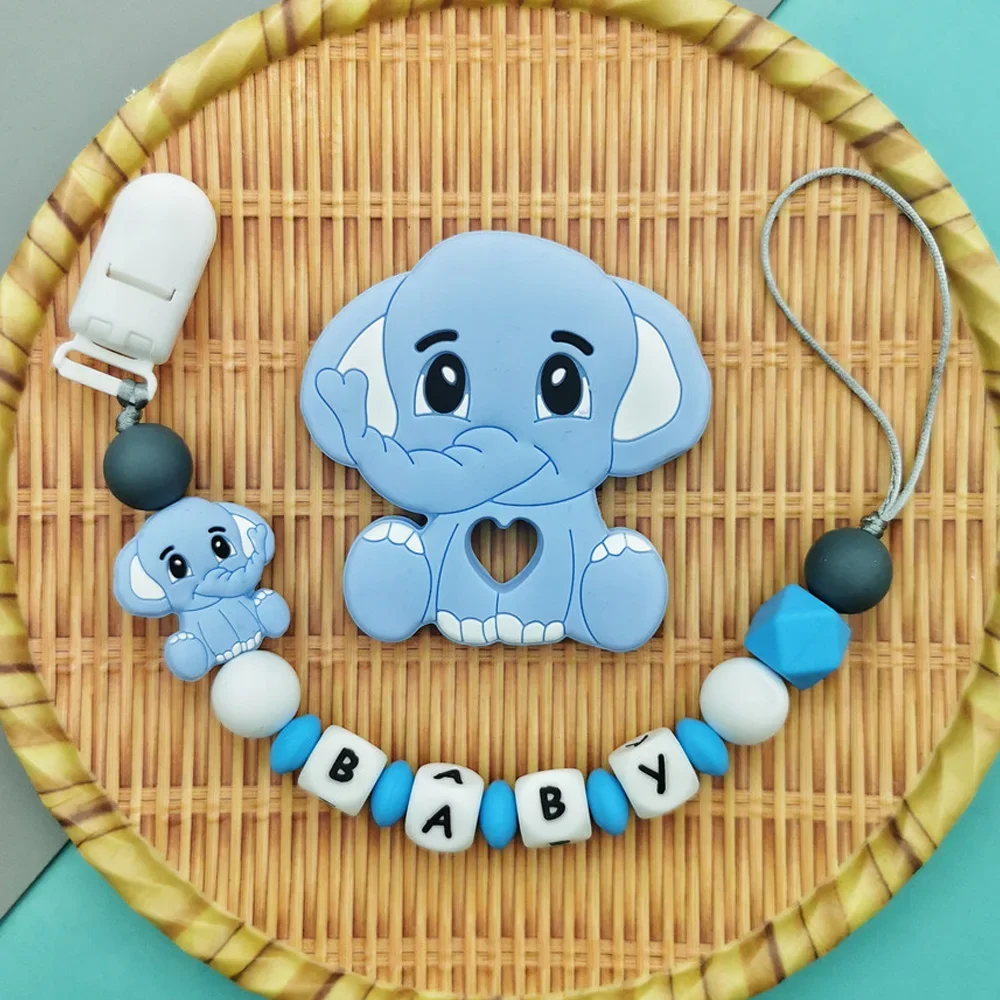 Clips de tétine en forme d'éléphant pour bébé, lettres personnalisées, laisse à mâcher, supports en os, cadeaux créatifs