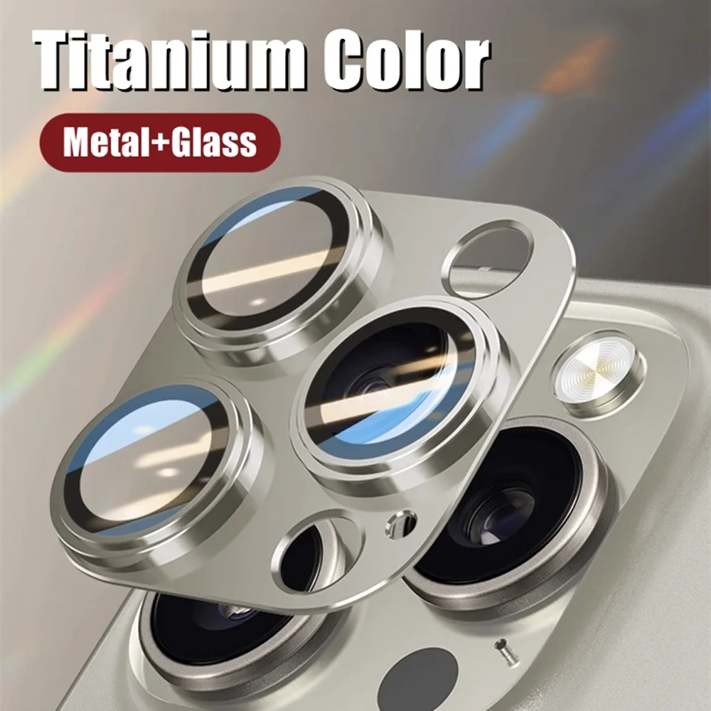 Titanium Color Metal Ring Camera Protector Cap for IPhone 15 Pro Max 15 Plus Tempered Glass Lens Protection Accessories