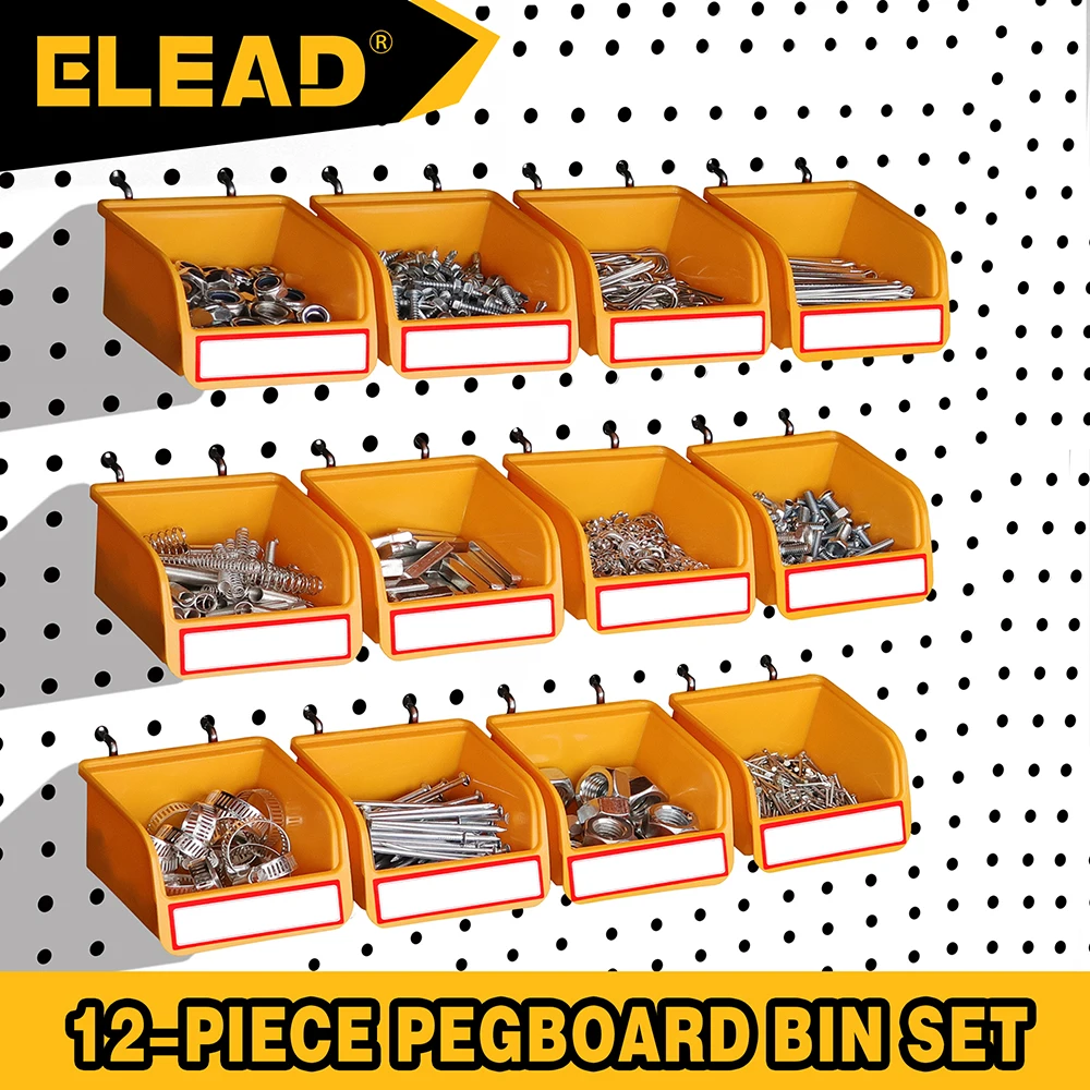 ELEAD 12Pcs Heavy Duty Wall Mount Pegboard Storage Bins Set with Hooks & Labels for Garage Workshop Hardware Parts Organization