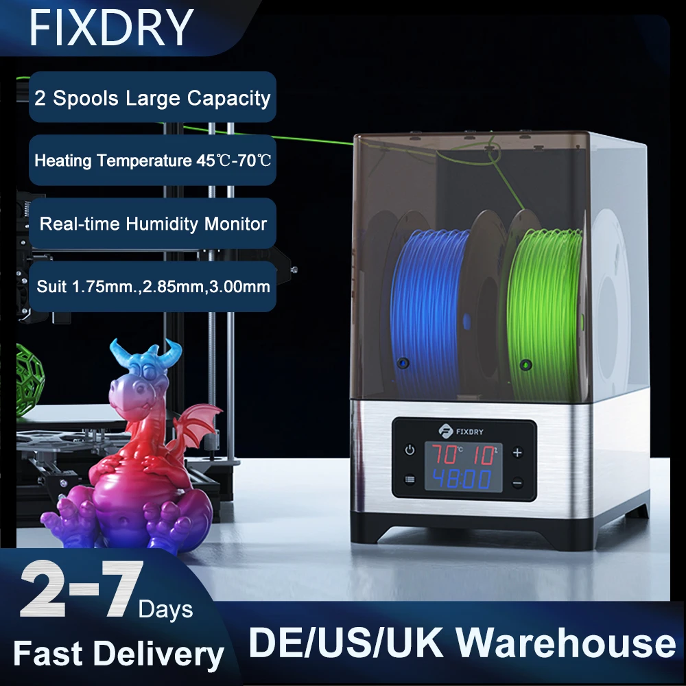 

FIXDRY NT1 3D Printer Filament Dryer Box 3Kg 2 Spools Filament Storages Dehydrator 360°Hot-air Heating Temperature 45℃-70℃