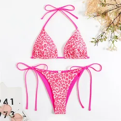 Pink Leopard Print Triangle Bikinis Sets Sexy Swimsuit 2025 Micro Thong Swimwear Bathing Suit String Halter Bikini Mujer Biquini