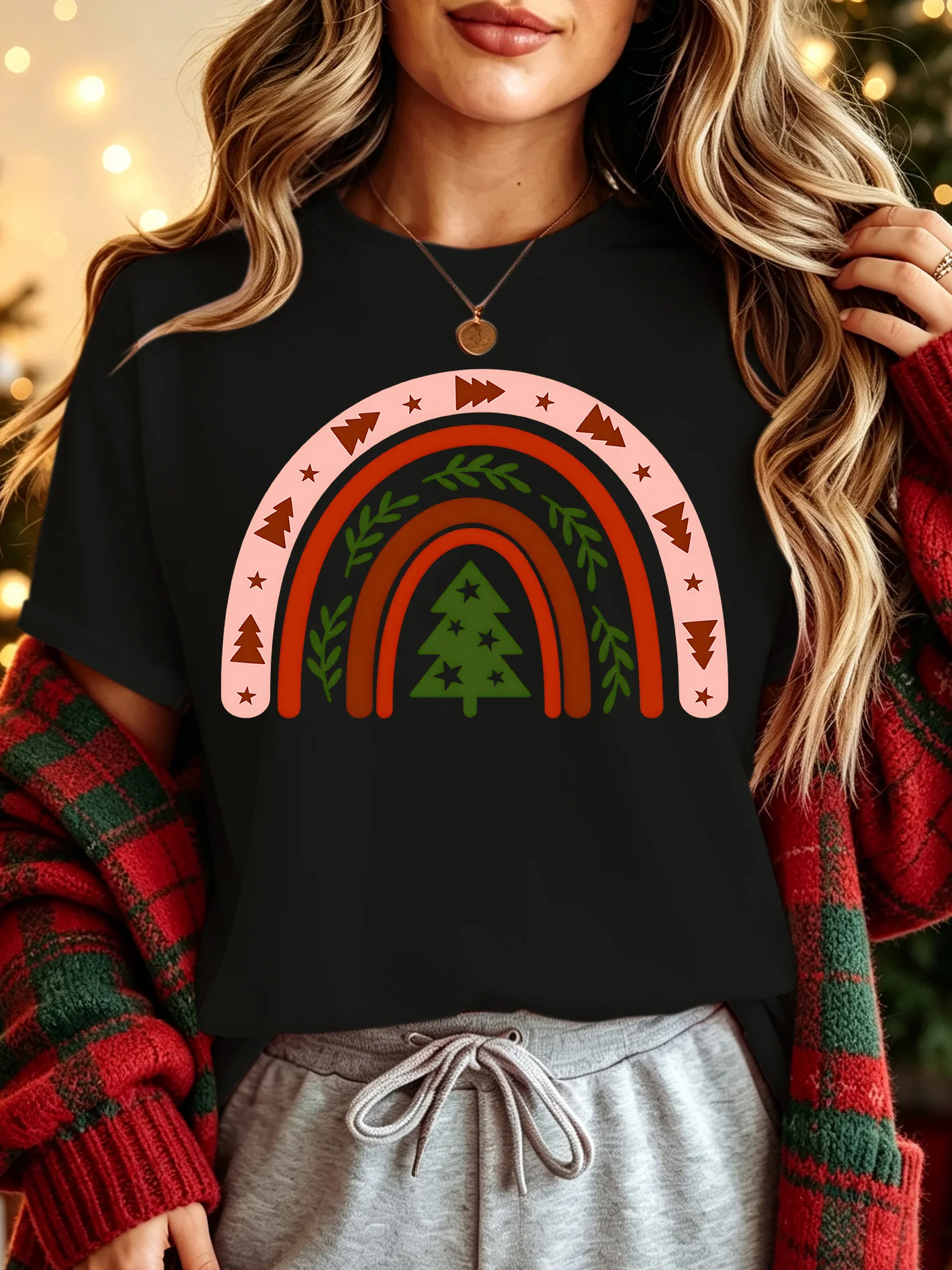 Rainbow Christmas Tree Graphic Family Matching T Shirt Boys Girls Parent Kid Short Sleeve Tee For Party Daily Casual Outfit