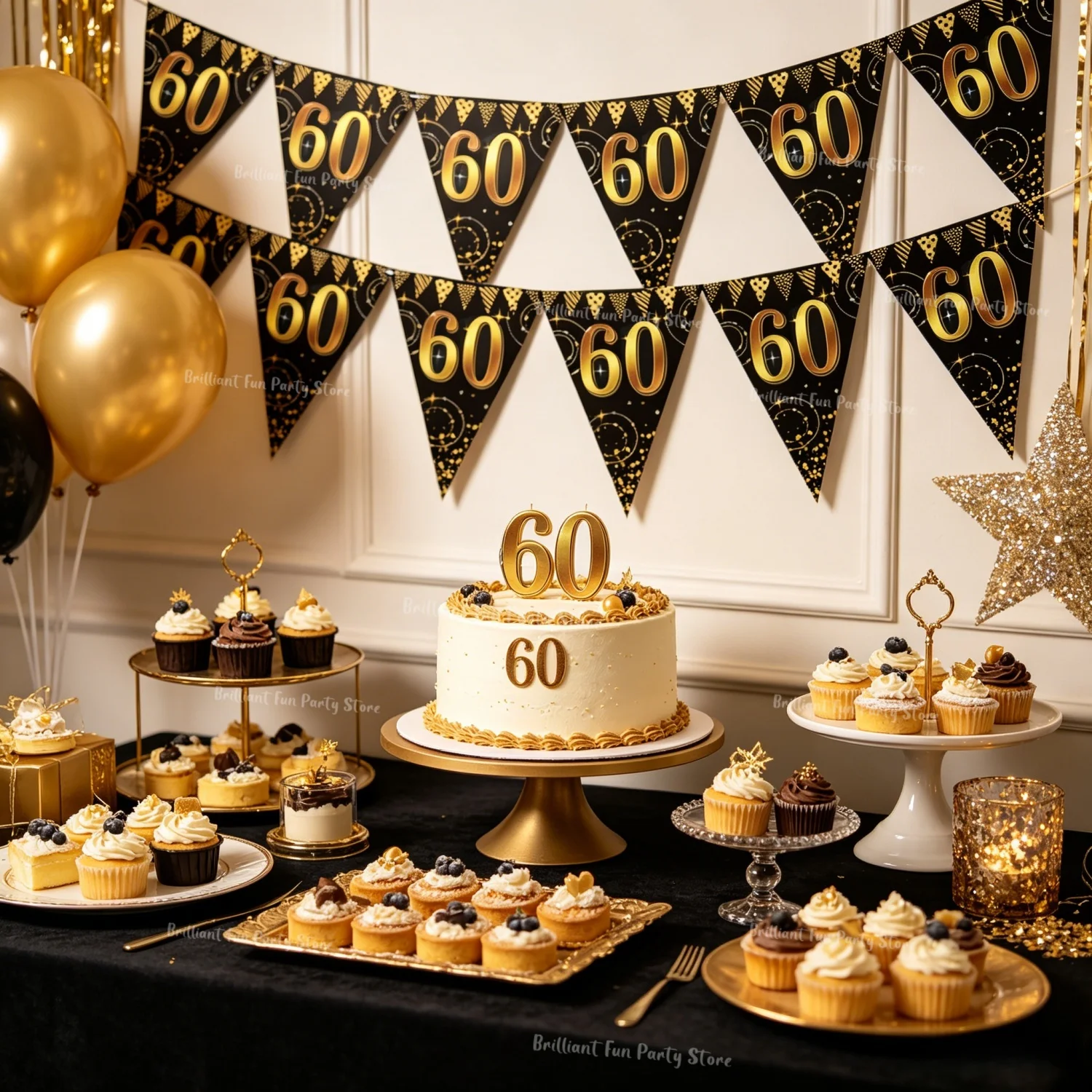 Schwarz-Gold 30., 40., 50., 60. Meilenstein-Wimpelkette, Dreieckige Flaggen-Girlande für Erwachsene, Geburtstags- und Jubiläumsdekoration – Detail 4