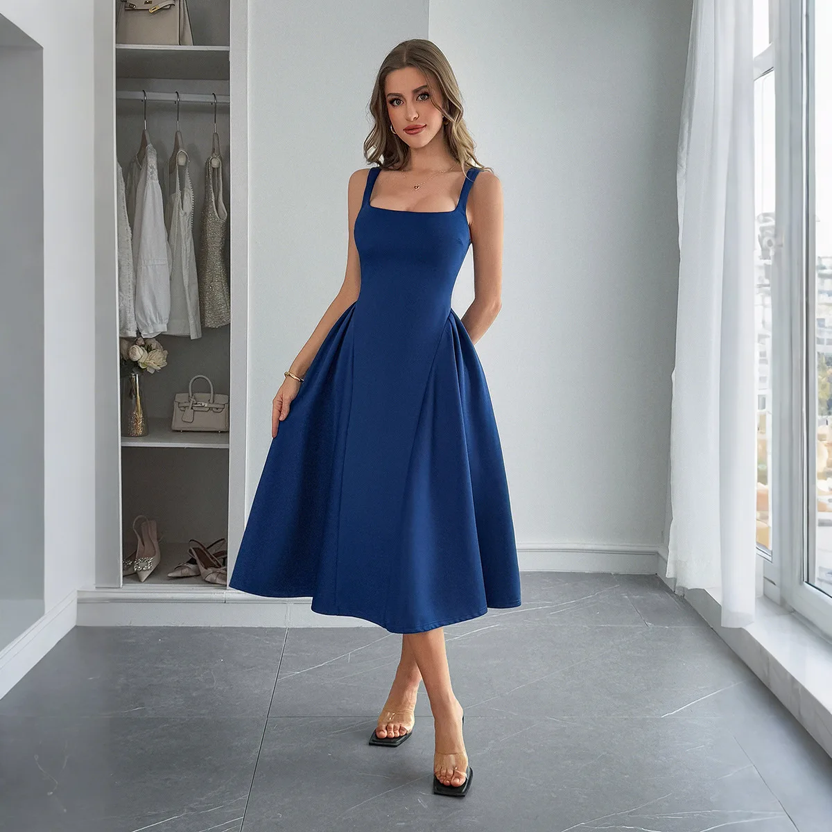 

Sling Dresses Women Square Neck Sleeveless A Line Dress Bodycon Casual Streetwear Long Vestidos Skinny Elegant Y2k Summer