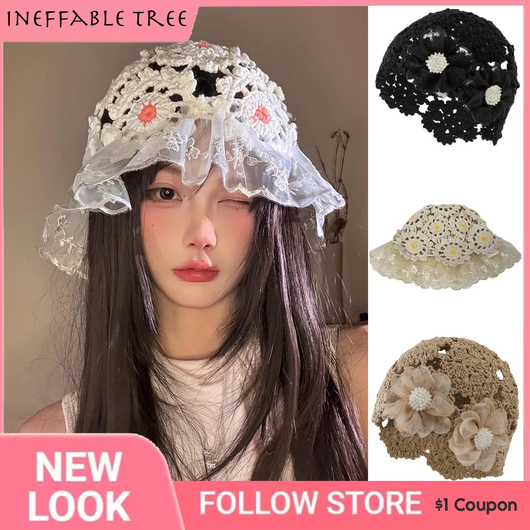 

Y2K Breathable Hollowed Out Knitted Hat Four Seasons Lace Casual Beret Cap Summer Skullies Bonnets Hats for Women Gorro Hombre