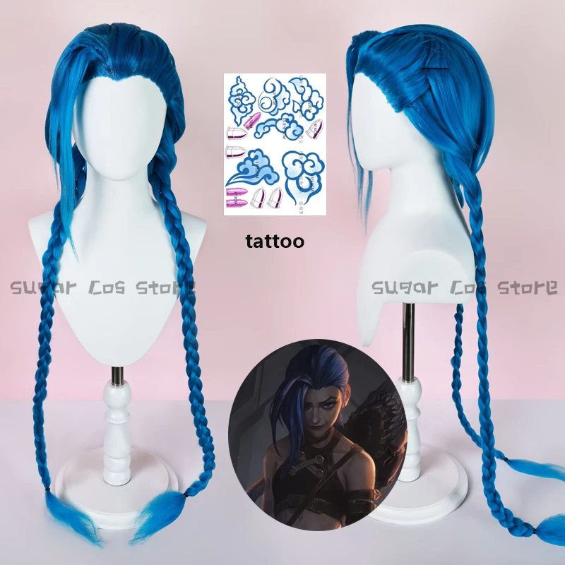 LOL Arcane Jinx Game Cosplay Wig BaoBao Vi Sister Blue Braids Hair Tattoo Sticker For Halloween Carnival Party Roleplay Props