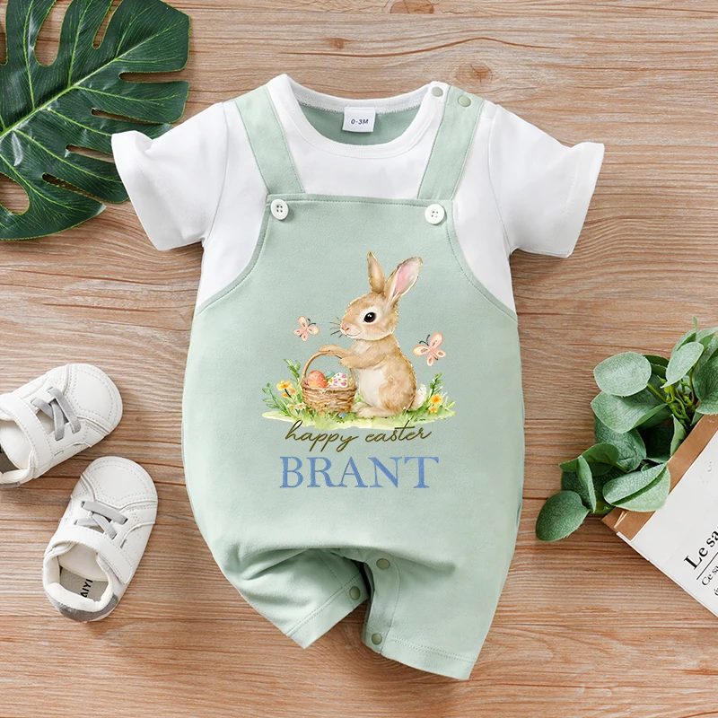 

Одежда для новорожденных с принтом пасхального кролика, пасхальных яиц и пасхальной корзинки, комбинезон для младенцев, летняя пижама с короткими рукавами для малышей, боди