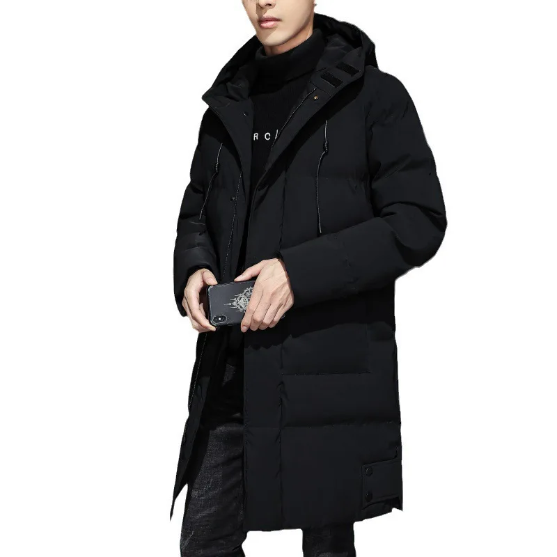 2025 Winter Man Down Jacket Simple Solid Color Cold-proof Male Outerwear Mid Length Long Sleeve Zipper Daily Men Hooded Coat