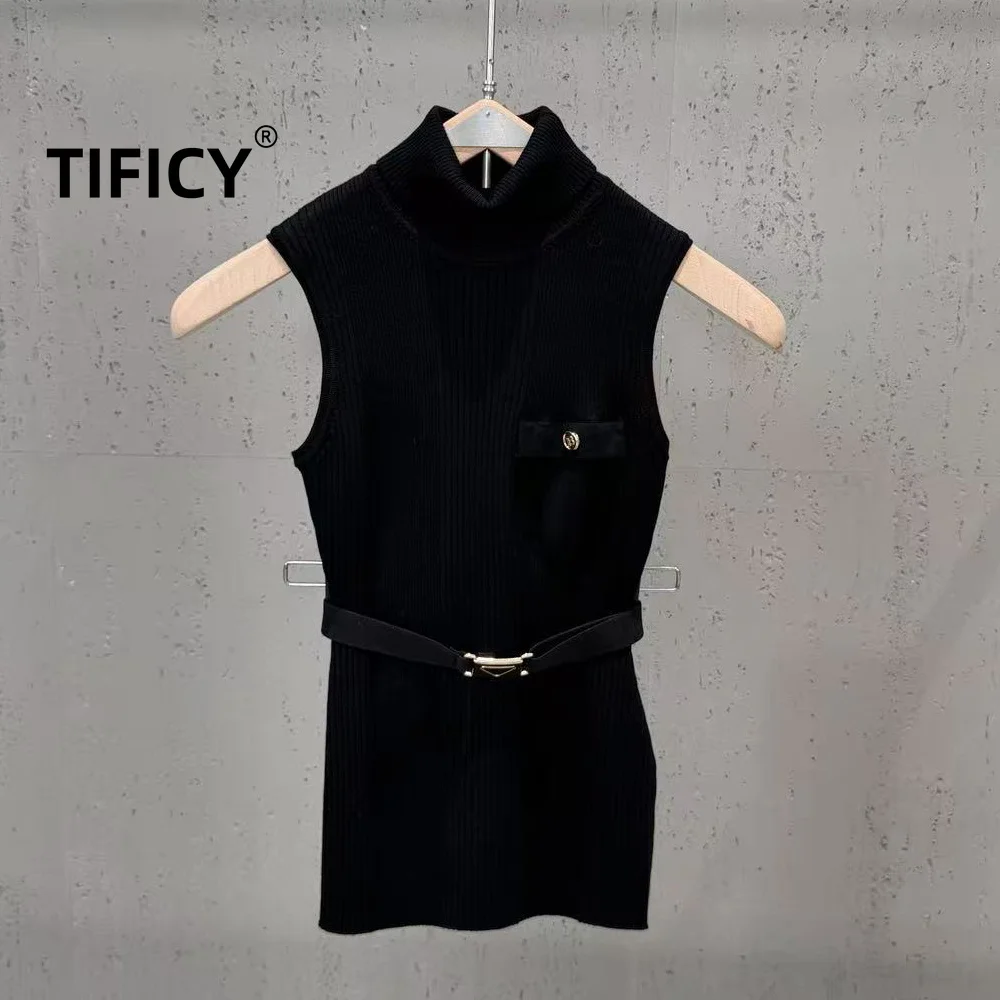 High Street Tanks Women's Autumn High Neck Sleeveless Pocket Design with Waistband and Cinched Waist Simple Ins Style Tank Tops