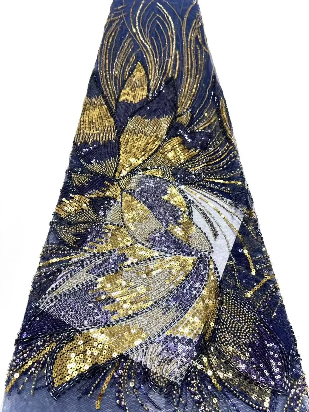 

2025 African Nigerian High-Quality Sequins Embroidery Tulle Lace Fabric Sewing Beads Stone for Prom Dresses 5 Yards DP0439