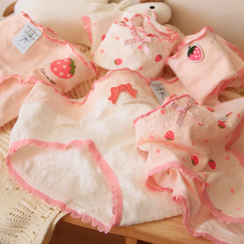 SP&CITY Strawberry Print Cute Pink Underwear Women's Soft Cotton Breathable Cartoon Panties Sweet Girl Comfortable Daily Briefs