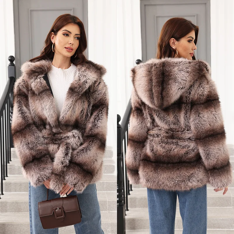 Winter Best Seller Fashion Women's Striped Casual Trendy Loose Elegant Luxury Long Sleeve Hooded Faux Fur Coats Female Clothes