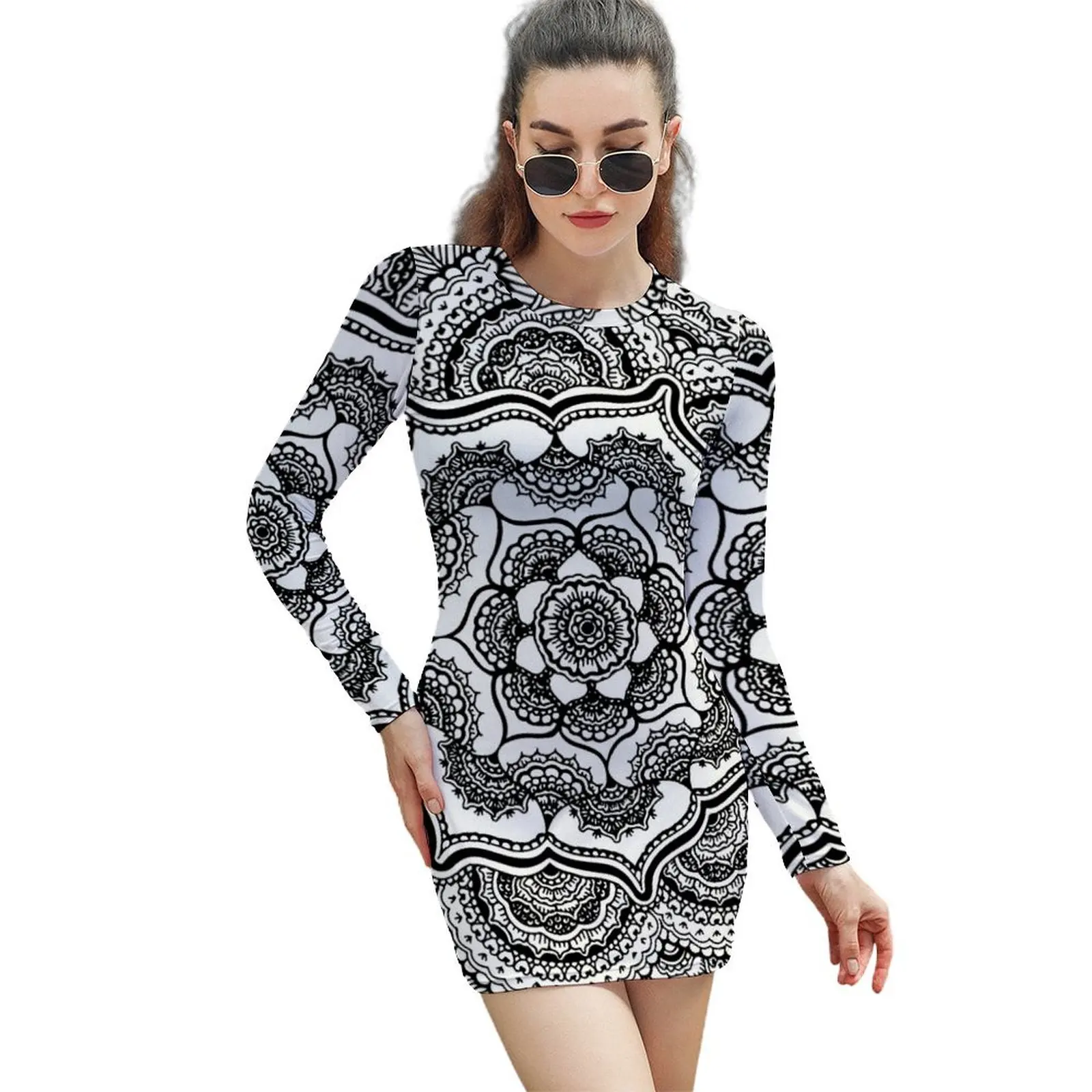 

Spring Lotus || Abstract || Black and White Long-Sleeved Sheath Dress ladies dresses for special occasions Bride dresses