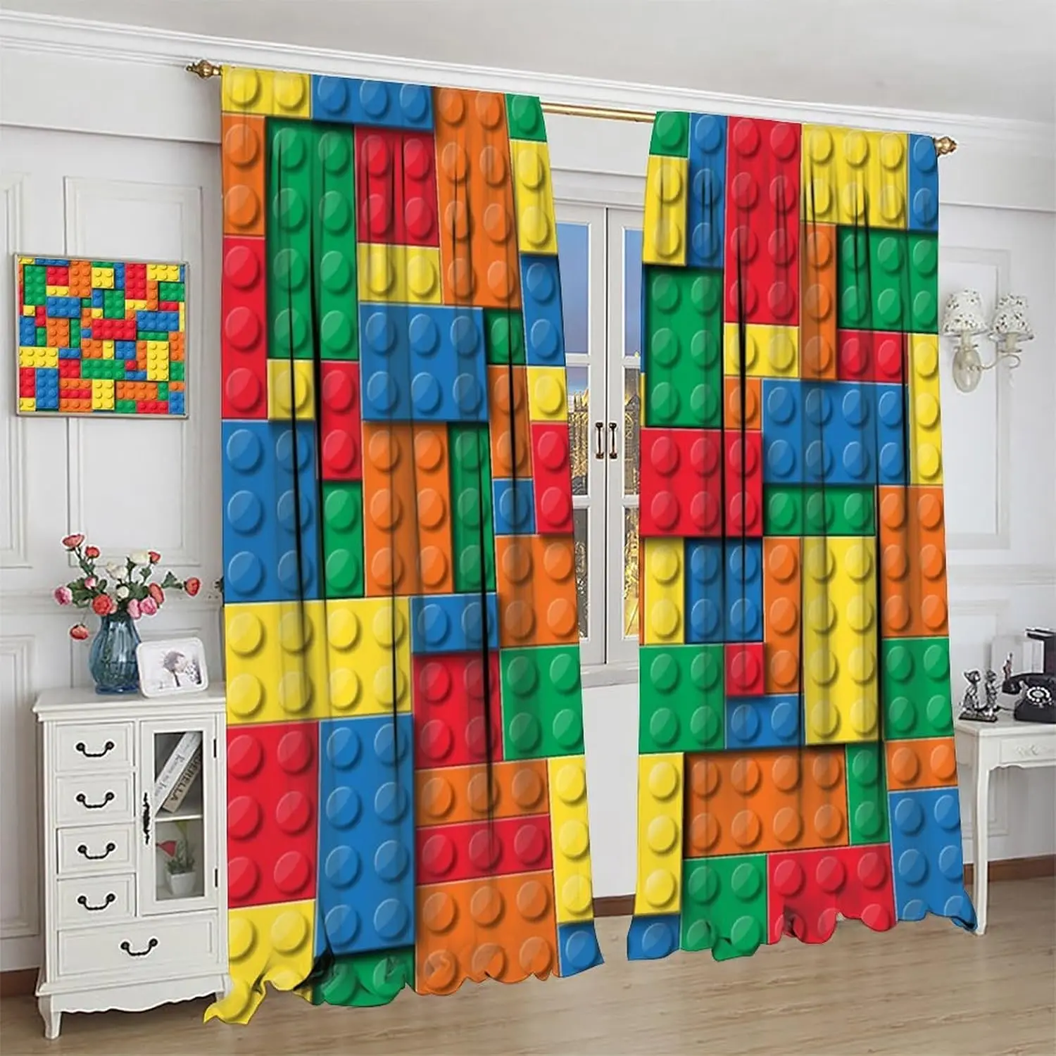 Kids Building Blocks Toy Curtains Children'S Room Abstract Outline Colorful Plastic Toys Geometric Bricks Print Curtains For