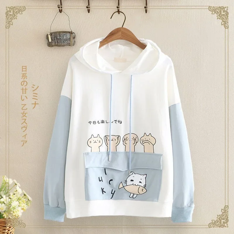 2025 New Casual Cat Printed Hoodie Ears Women\'s Teen Girls Kawaii Clothes Color Block Korean Kpop Pullover Sweatshirts Sudaderas