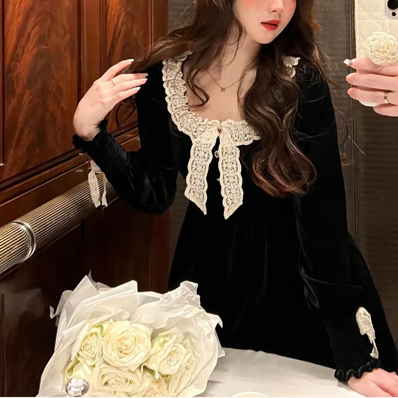 French Style Vintage Mini Dress Velvet Autumn Winter Stylish Lace Spliced Bow Women\'s Clothing Solid Color A-Line Waist Dresses