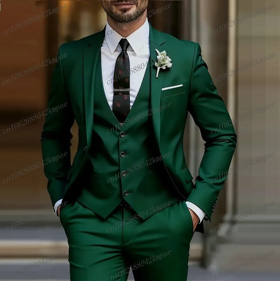 

New Green Formal Men Suit Groom Groomsman Wedding Party Prom Business Male Tuxedos 3 Piece Set Blazer Vest Pants