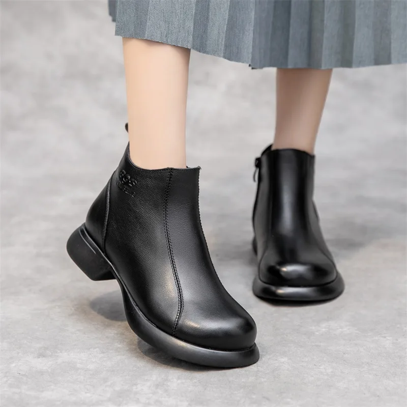 البريطانية الرجعية جلد طبيعي أحذية الشتاء أحذية منخفضة الكعب النساء الأحذية الجانب سستة عادية أنيقة حذاء الثلج عالي الرقبة دافئ #5